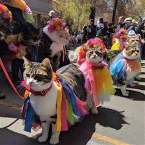 Cats wearing colourful streamers while on parade