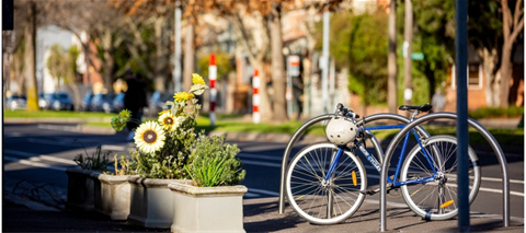 Street flower planters, bike parking with bike